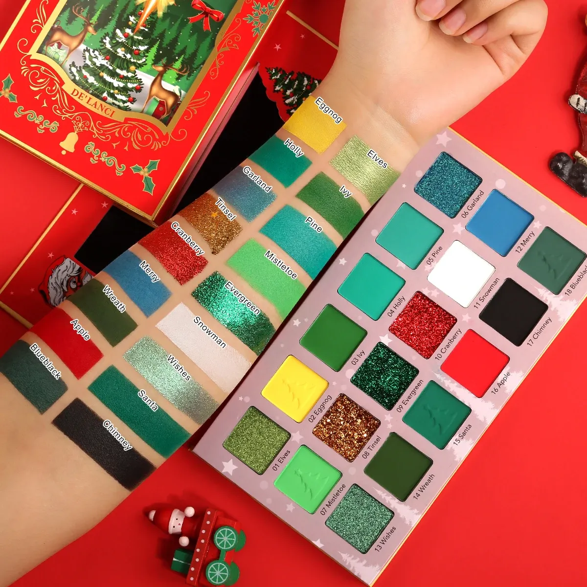 Теневая многохромная палитра зеленых теней, De'lanci 18 Colors Очень пигментированный рождественский макияж поддон, зеленый макияж для век Grinch
