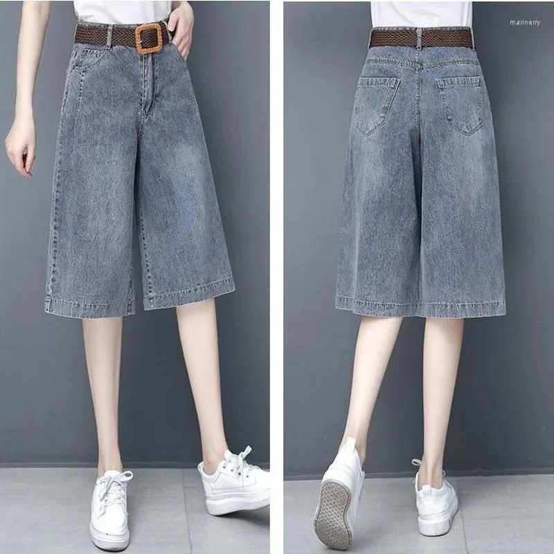 Kvinnors jeans capri byxor för kvinnor 2024 sommar damer mode bred ben kalvlängd byxor denim femme pantalon tvättade blå e50