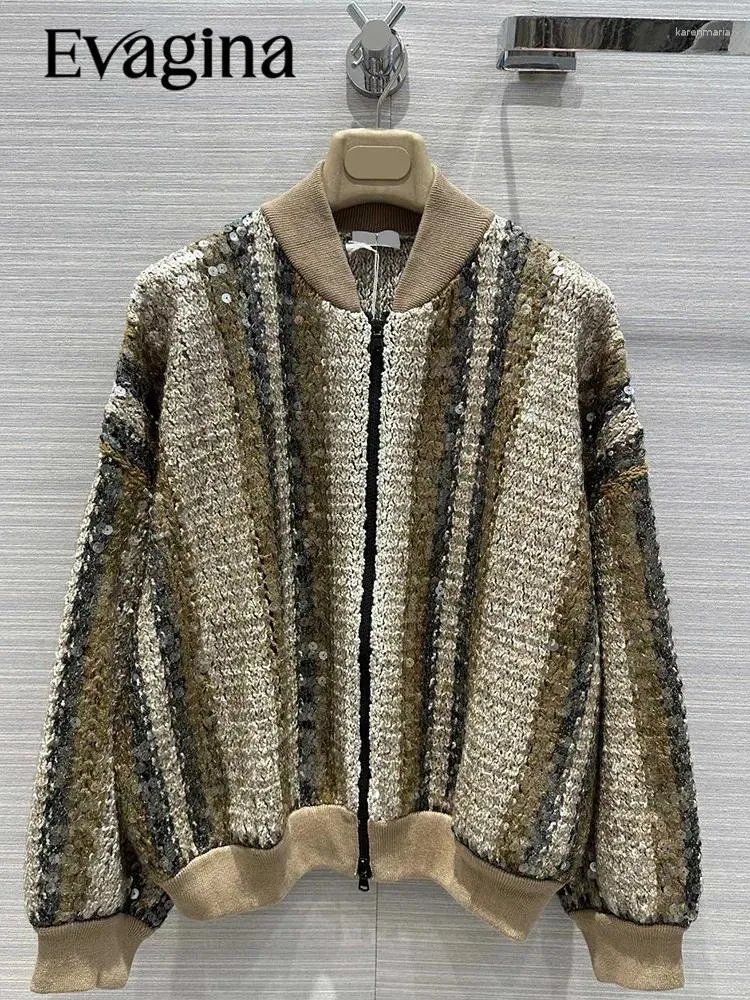 Vestes pour femmes Evagina Designer Rayway Spring Automne Vintage Striped Sequins Tricoting Veste Collier Collier Lant Lanterne Verbe