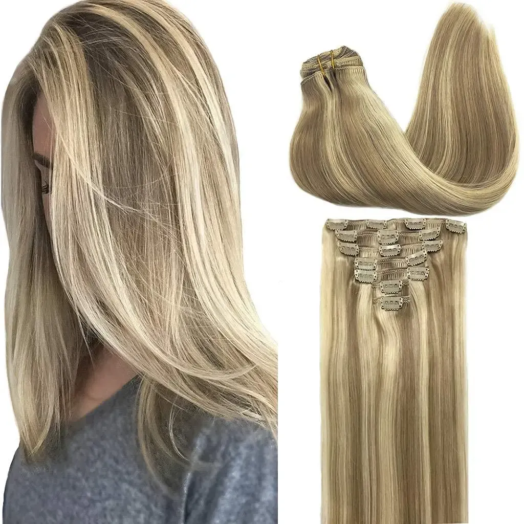 Extensions 7st Clip in Human Hair Extensions rak naturlig ljusbrun honung ombre balayage svart hårstycken för kvinnor med klipp 120g