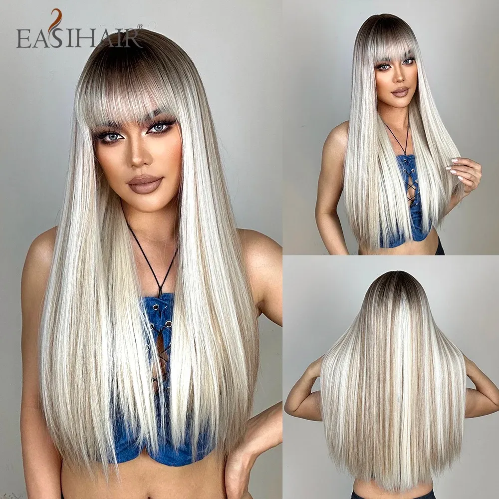Wigs EASIHAIR Long Silver with Blonde Highlight Synthetic Wigs for Women Straight with Bangs Natural Wigs Cosplay Hair Heat Resistant
