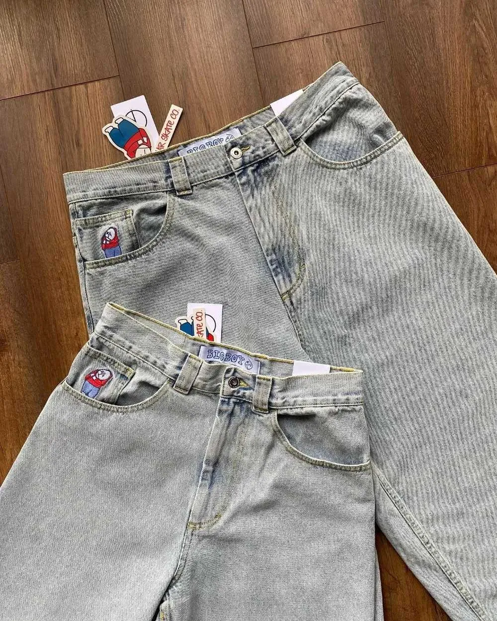 Jeans feminino bordado gráfico de jeans big boy y2k japonês gótico desenho animado de hip hop retro azul de jeans de jeans masculas altas calças largas de cintura 240423