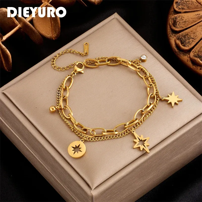 Dieyuro 316L Aço inoxidável 2Layer Hollow Out Stars Bracelet for Women Vintage Girls Charm Jewelry Party Birthday Gifts 240417