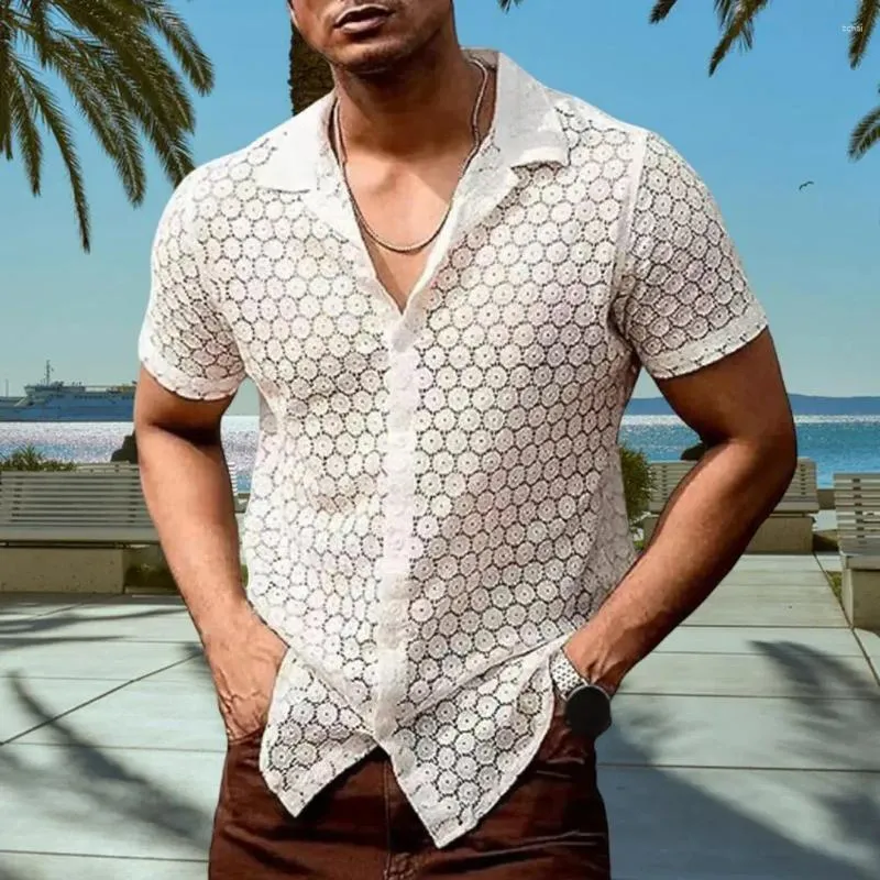 남자 캐주얼 셔츠 여름 남자 셔츠 셔츠 중공 시선 레이스 턴 다운 고리 단일 가슴 카디건 휴가 해변 탑
