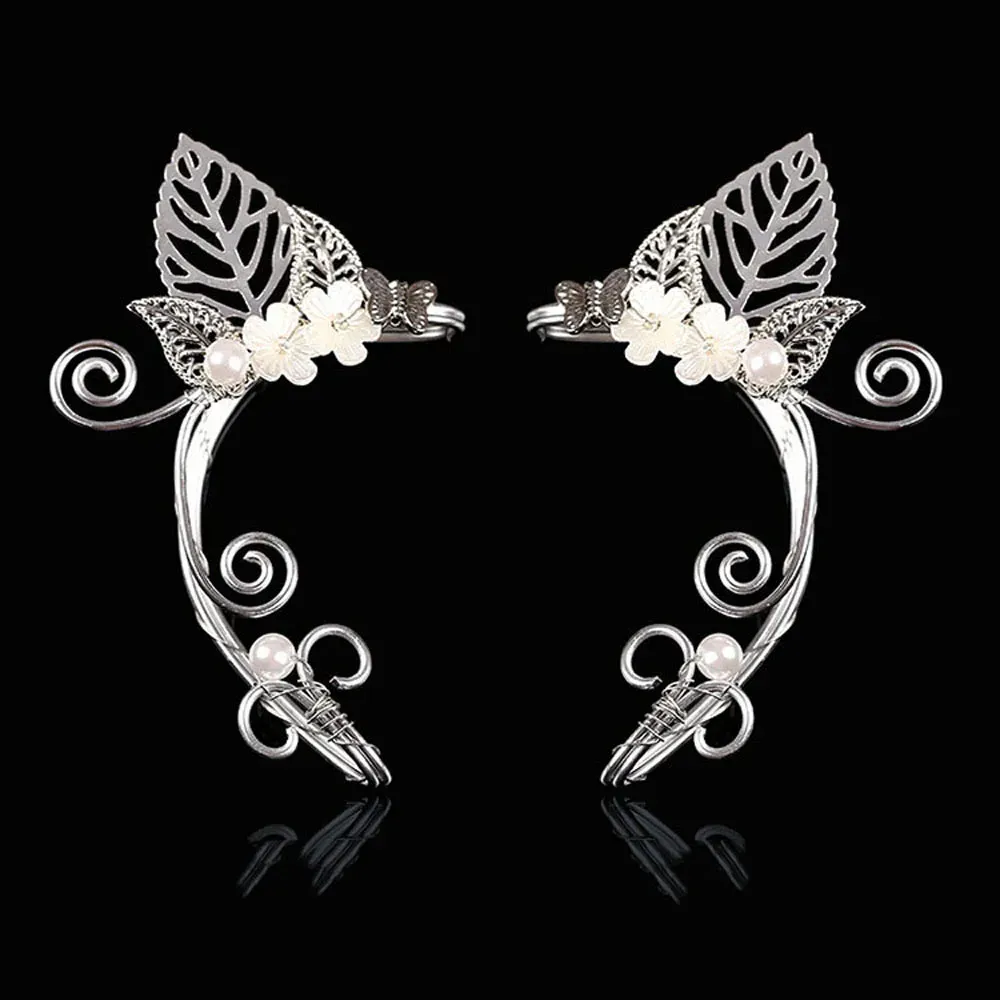 Örhängen 1 PC Chic Elf Ear Cuff Pearl Hollowed Flower Leaf Cosplay Fairy Earring Clips for Women Girls Wedding Earcuff Smycken