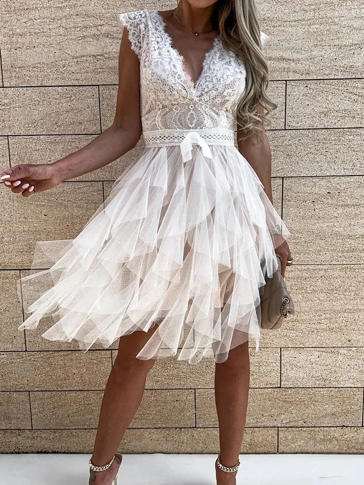 White Club Dresses: Sleeveless High Waist Mesh Patchwork