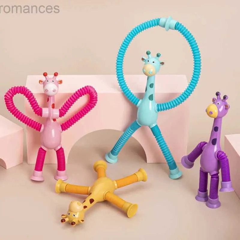 Decompression Toy Cute Cartoon Animal Giraffe Led Magic Sensory Stretch Plastic Suction Pop Tube Fidget Toy Sets d240424