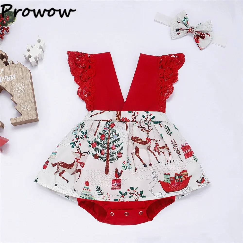 Endelar Prowow My First Christmas Baby Clothes Girl Xmas Print Rompers Dress Lace Red Christmas Bodysuit nyårsdräkt för baby