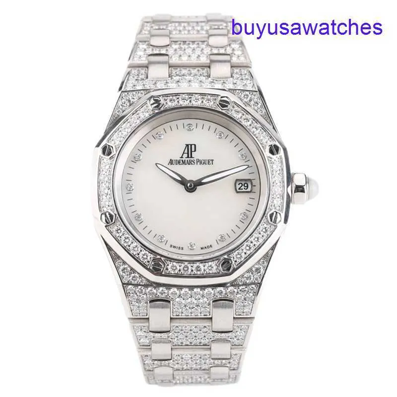 AP Calendar Wrist Watch Royal Oak Series 18K All White Gold Origin Original Diamond Fritillaria Quartz Womens Watch 67602BC 33 mm