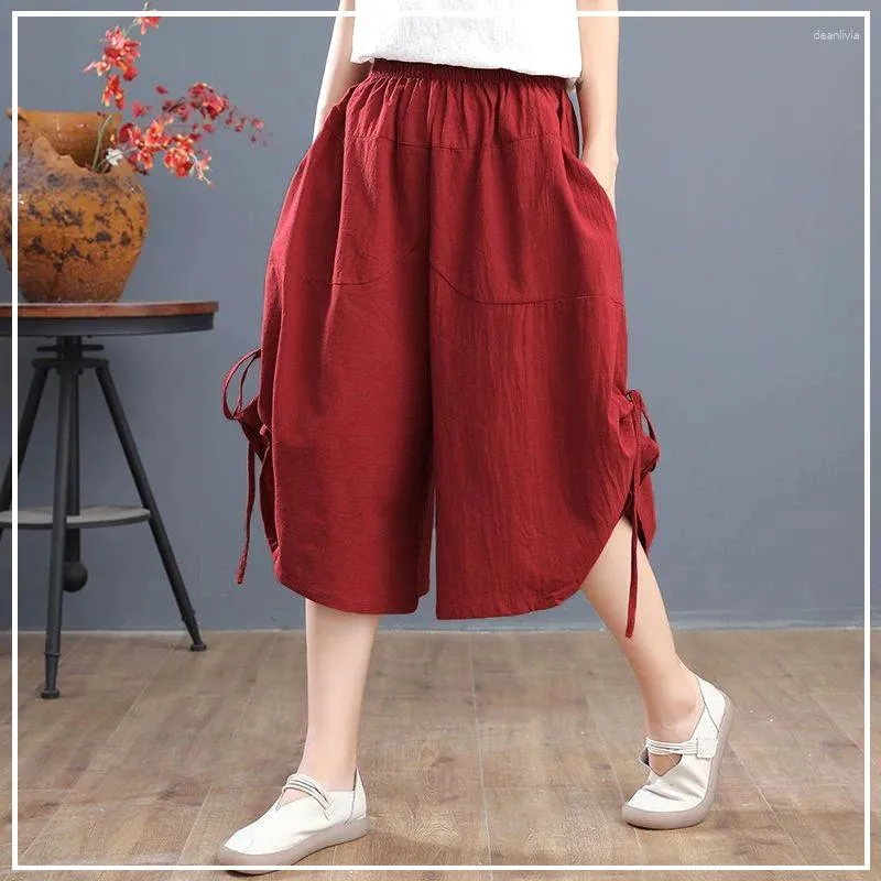 Women's Pants 2024 Summer Minimalist Loose Plus Oversize Casual High Waist Pocket Solid Color Drawstring Thin Cropped Wide Leg