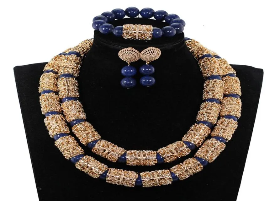 Splendid Navy Blue Nigerian Beaded Women Costume Jewelry Sets Dubai Gold Chunky Statement Necklace Set 2019 WE240 CJ1911284891529