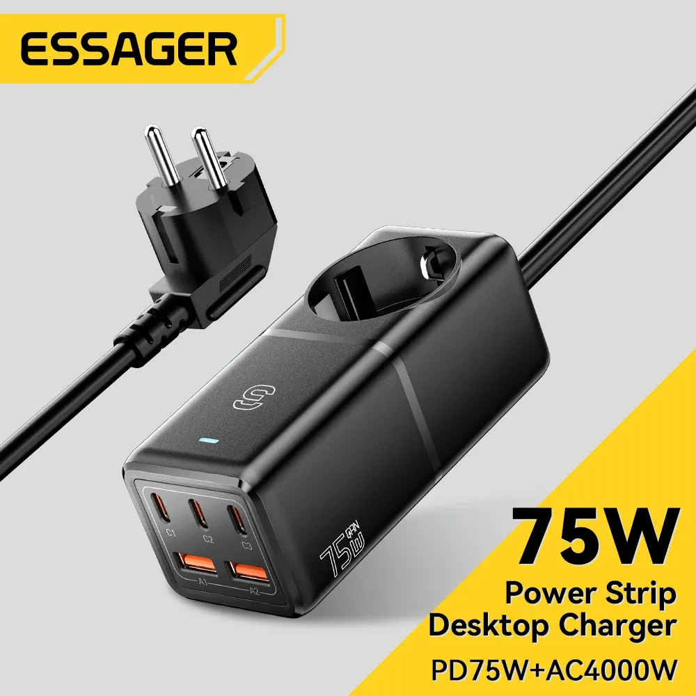 Chargers Essager GaN USB Type C Desktop 75W Charger Quick Charge 65W Fast Charging Station For MacBook iPhone Xiaomi iPad Samsung Laptop