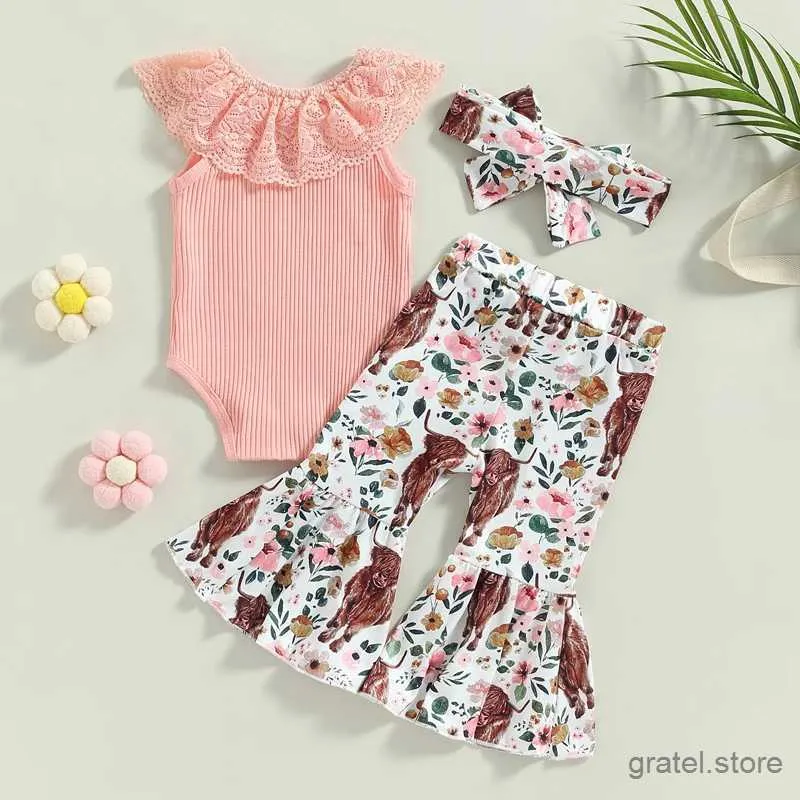 Set di abbigliamento Summer Baby Girl Clothes Sets Set da bambino abiti in pizzo Patchwork Pantaloni floreali di mucca Flower Abbassa carina 3 pezzi di abbigliamento neonato