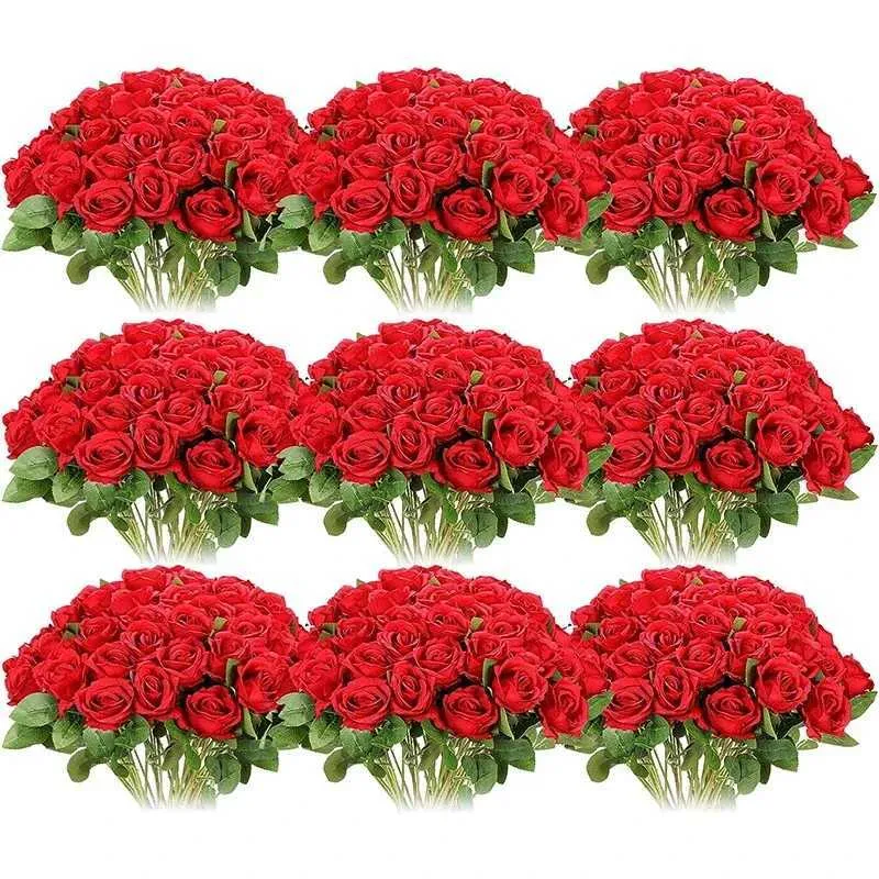 Faux Floral Greenery 100 Pieces Artificial Roses Flowers Fake Silk Roses Bouquet for Table Centerpiece Vases Wedding Party Decor T240422