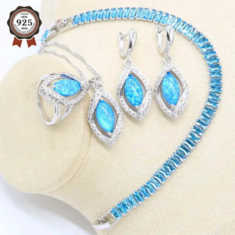 Brins Blue Fire Opal Boucles d'oreilles Collier Pendante Ring Silver 925 Bijoux de mariage Set pour femmes Gift Bracelet en cristal bleu clair