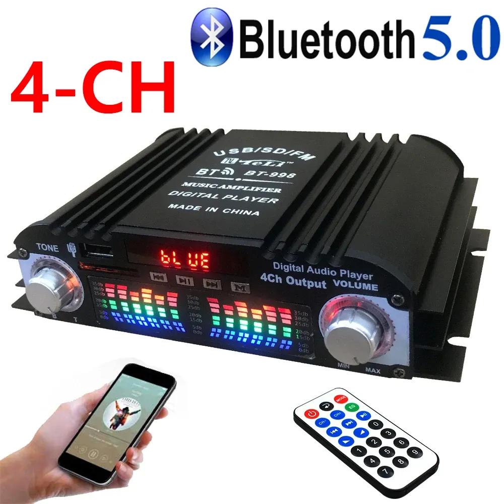 Amplifier Bluetooth Amplifier HIFI 4ChannelデジタルオーディオサウンドアンプFMラジオMP3サポートUSB SD RCA 12V35AホームオーディオシステムDC 12V