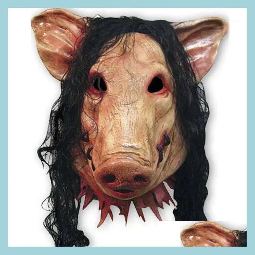 Maskers Roanoke Pig Groothandel Scary Party Masker ADT's FL Face Animal Latex Halloween Horror Masquerade met zwart haar H-0061 DHWXL