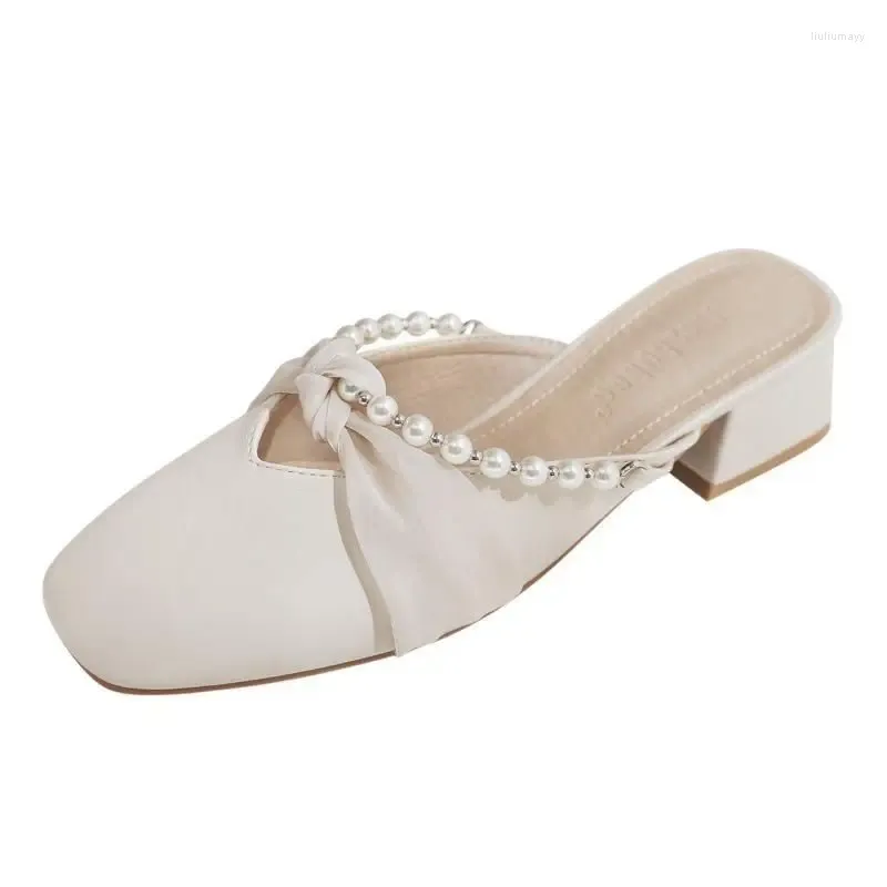 Slippare Bow Pearl Plat Soft Bottom Peep-Toe Womenclosed Toe Half for Women Summer Wear 2024