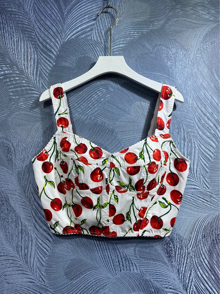 100% bawełniane kobiety Camisole Summer Spaghetti Pasek Wiśni drukowane laptopy na plaż