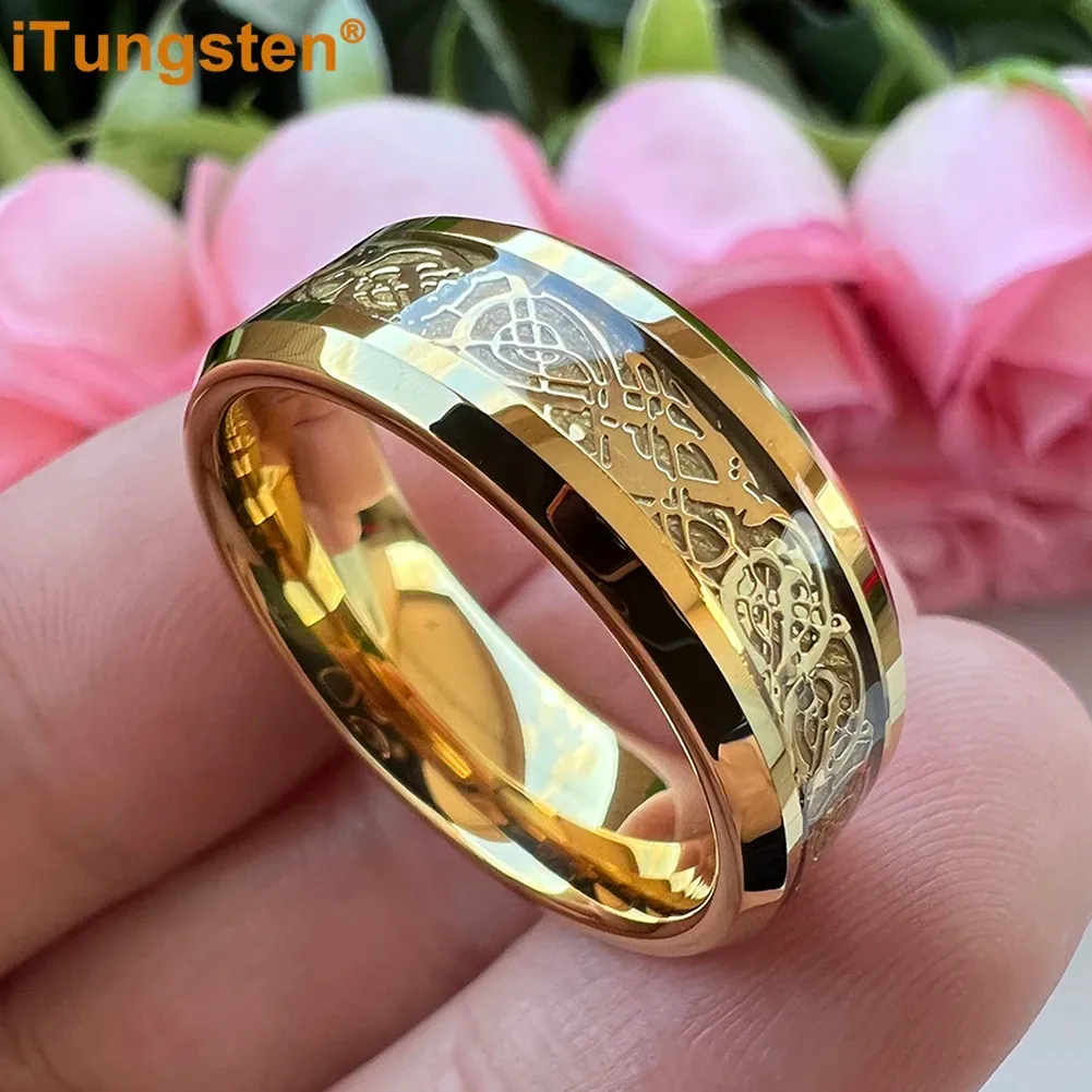 Rings iTungsten 8mm Men Women Tungsten Wedding Band Carbon Fiber Dragon Ring Inlay Shiny Polished Beveled Edges Comfort Fit