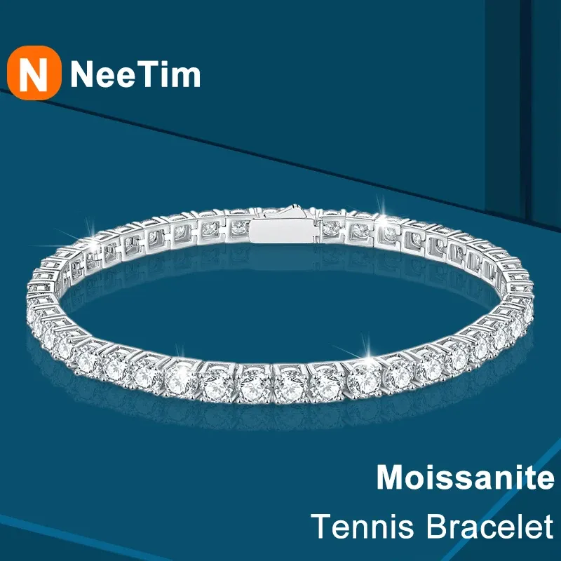 Armband Neetim 3mm 4mm 5mm 6,5 mm Moissanite Tennis Armband Original S925 Sterling Silver Lab Diamond Armband för kvinnor Män med GRA