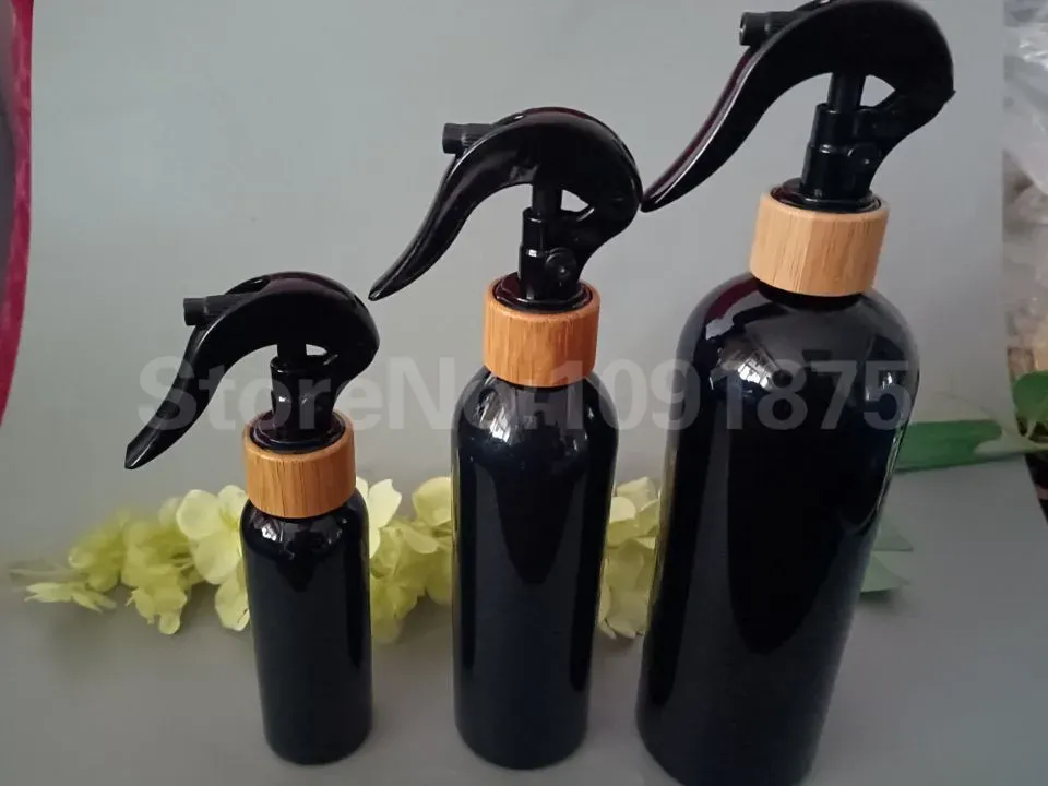 Flaschen 10pcs 100 ml 150 ml 200 ml 250 ml 300 ml schwarze Plastikflasche mit schwarzem Bambus -Trigger -Sprühfraßenspray -Sprühflasche leere Haustierflasche