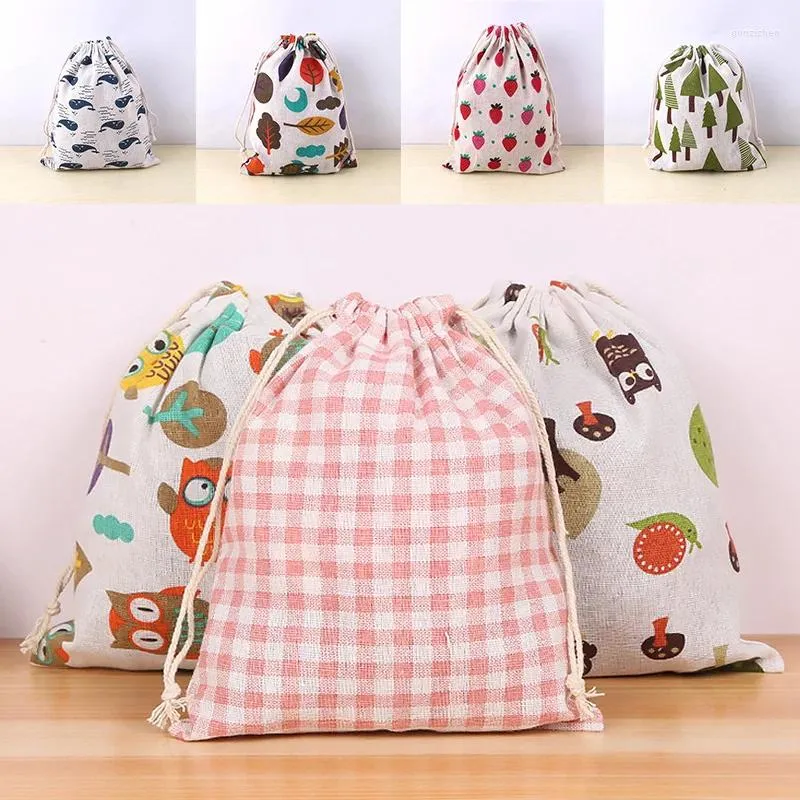 Storage Bags S/M/L Drawstring Bag Cotton Linen Fabric Pouch Animal Plant Print Kids Travel Cloth Shoes Makeup Case Party Gift