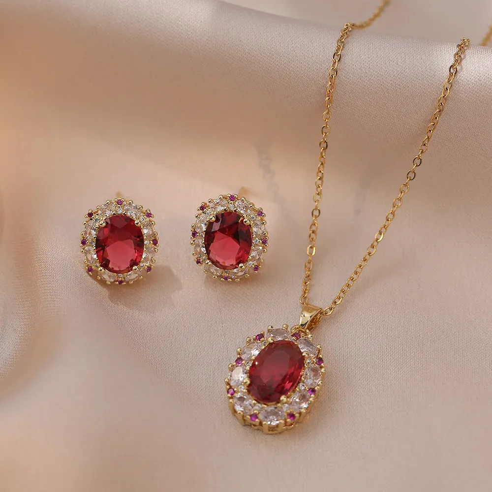 Halsketten rotes Stein ovaler Bolzen Ohrringe Anhänger Schlüsselbein Halsketten für Frauen Edelstahlketten Zirkon Engagement Schmucksets Geschenke