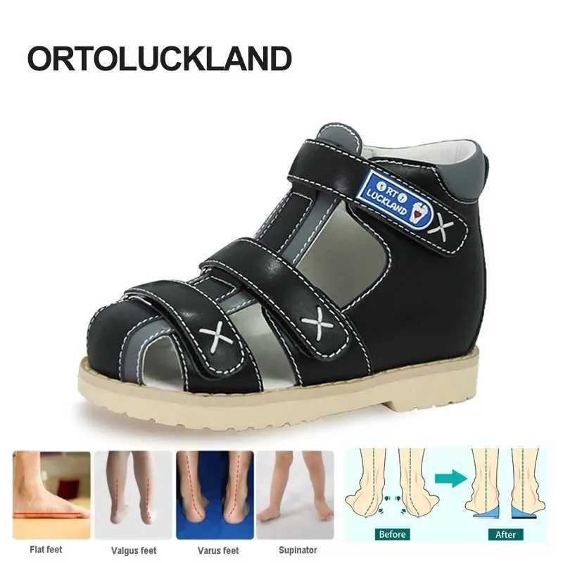 Sandals Ortoluckland Children أحذية العظمية لـ Flatfeet Summer Kids Leather Leather Floy Tee Boys Girls مع دعم الكاحل 240423