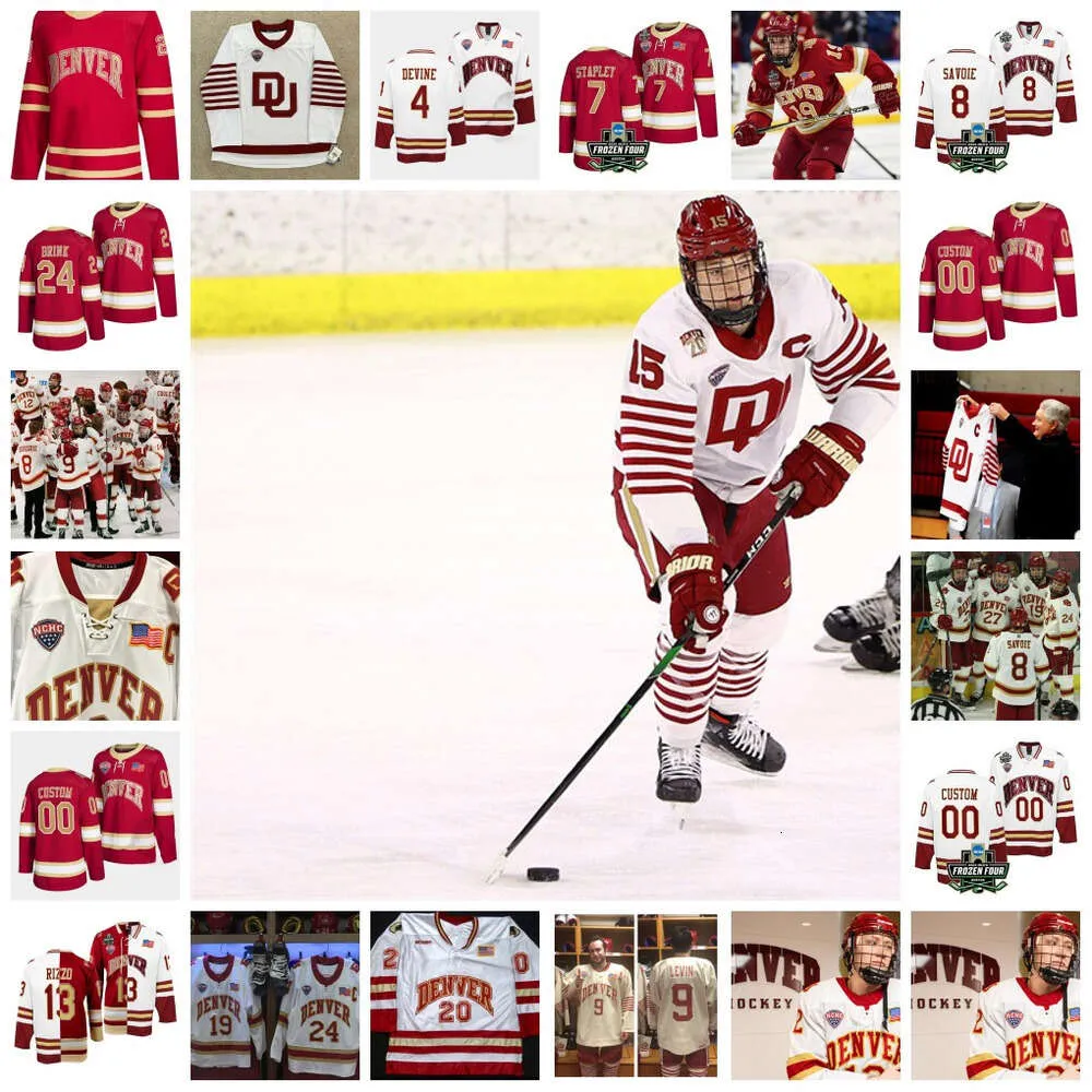 KOB 2022 NCAA Frozen Four Championship Custom Denver Pioneers Du Ice Hockey Jersey 29 Peter Mannino 2 Sean Behrens 3 Antti Tuomisto 4 Jack