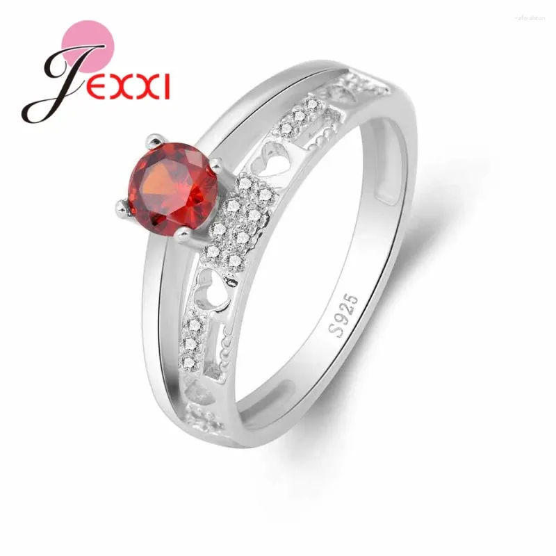 Cluster anneaux creux en petite forme de cœur avec rouge cubique zirconie 925 sterling argent anneau féminin de filles de fête de fête de mariage