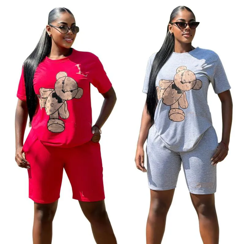 Новые дизайнерские женские спортивные костюмы мультфильм медведь печатные наряды Женская модная хлопок с коротки