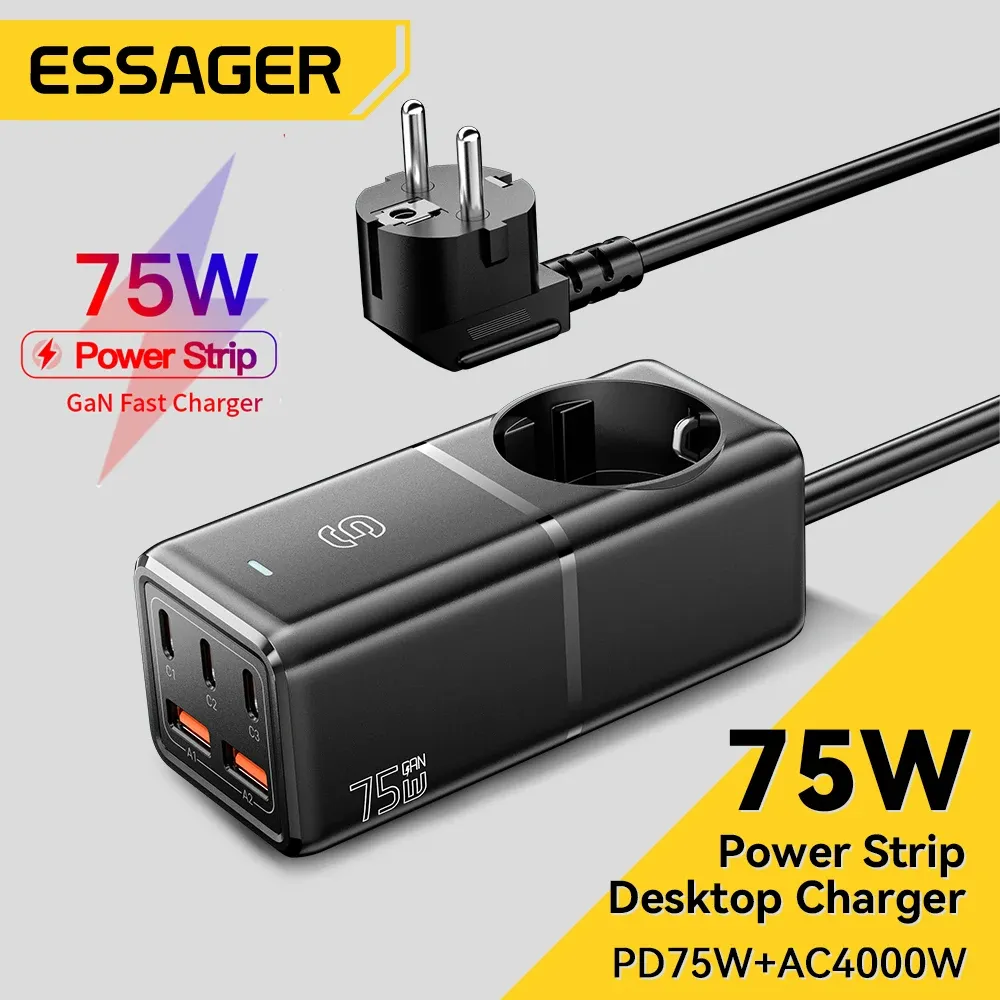 Chargers Essager 75W GAN USB Charger Quick Charge 4.0 3.0 För iPhone Xiaomi Samsung Desktop Fast Charger för MacBook Laptop Power Station