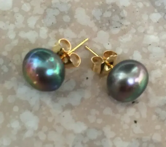 Earrings charming a pair of 910mm tahitian black green pearl earring 14k