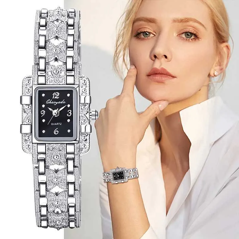 Armbanduhrenbeobachter Watch Rechteck Zifferblatt Silber Edelstahl Kristall Uhren Mode Quarz für Frauen Damen Major Relojes Hot Sale Relojes 240423