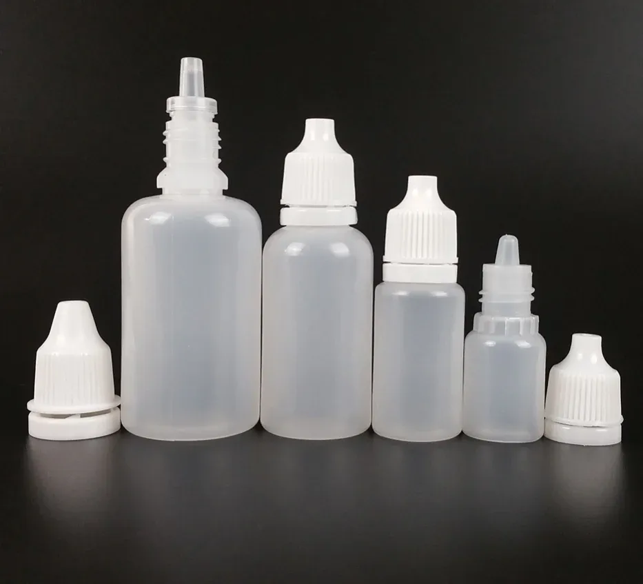 ボトル100pcs/lot 2ml 3ml 5ml 10ml 15ml 20ml 30ml 50mlドロッパーボトルhdpe材料空のプラスチックスクイーズ可能な眼液液ドロッパー