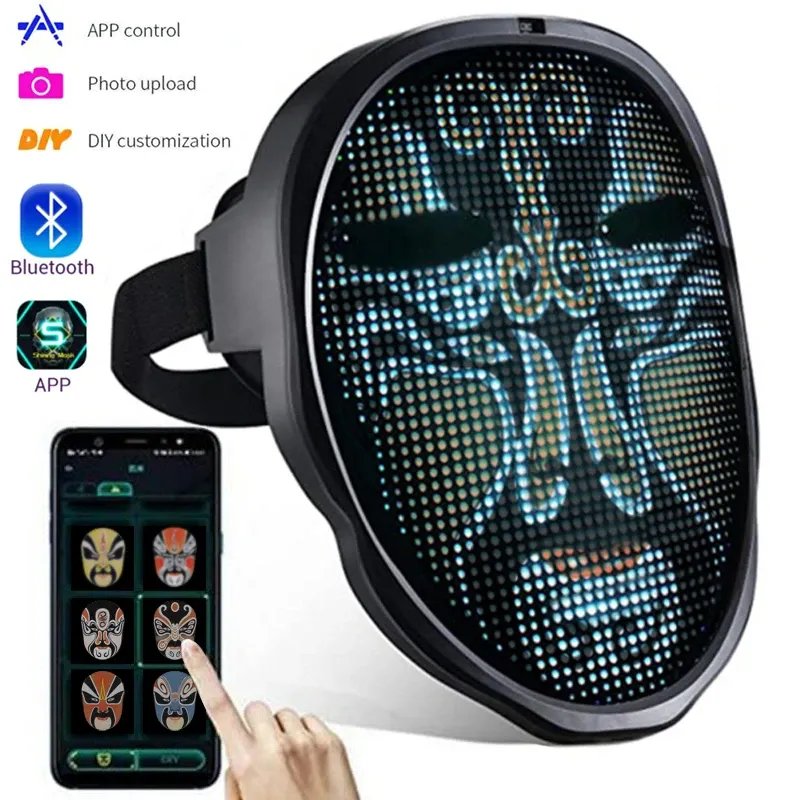 Control Bluetooth APP Control Smart LED Face Masks Programmable Change Face DIY Photoes For Party Display LED Light Mask For Halloween