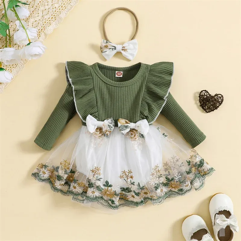 Endelar Baby Girls 2 Piece Outfits broderi Långärmare Romper Dress och Cute Pannband för nyfödda föremål Småbarn Infantkläder