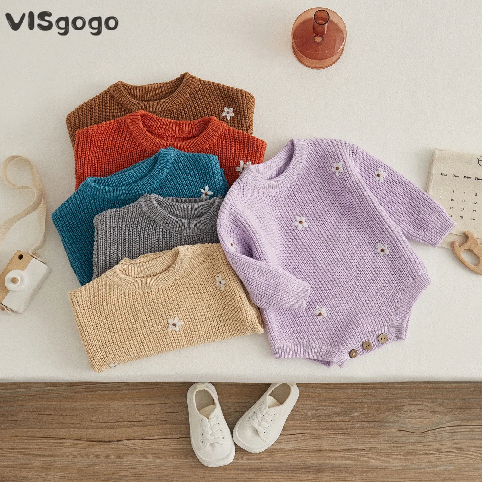 Pezzi visgogo 024m per bambini che girano maglione vaccano inverno vestiti invernali ricamo a fiore da equipaggio a maniche lunghe a manica da maglia da maglia