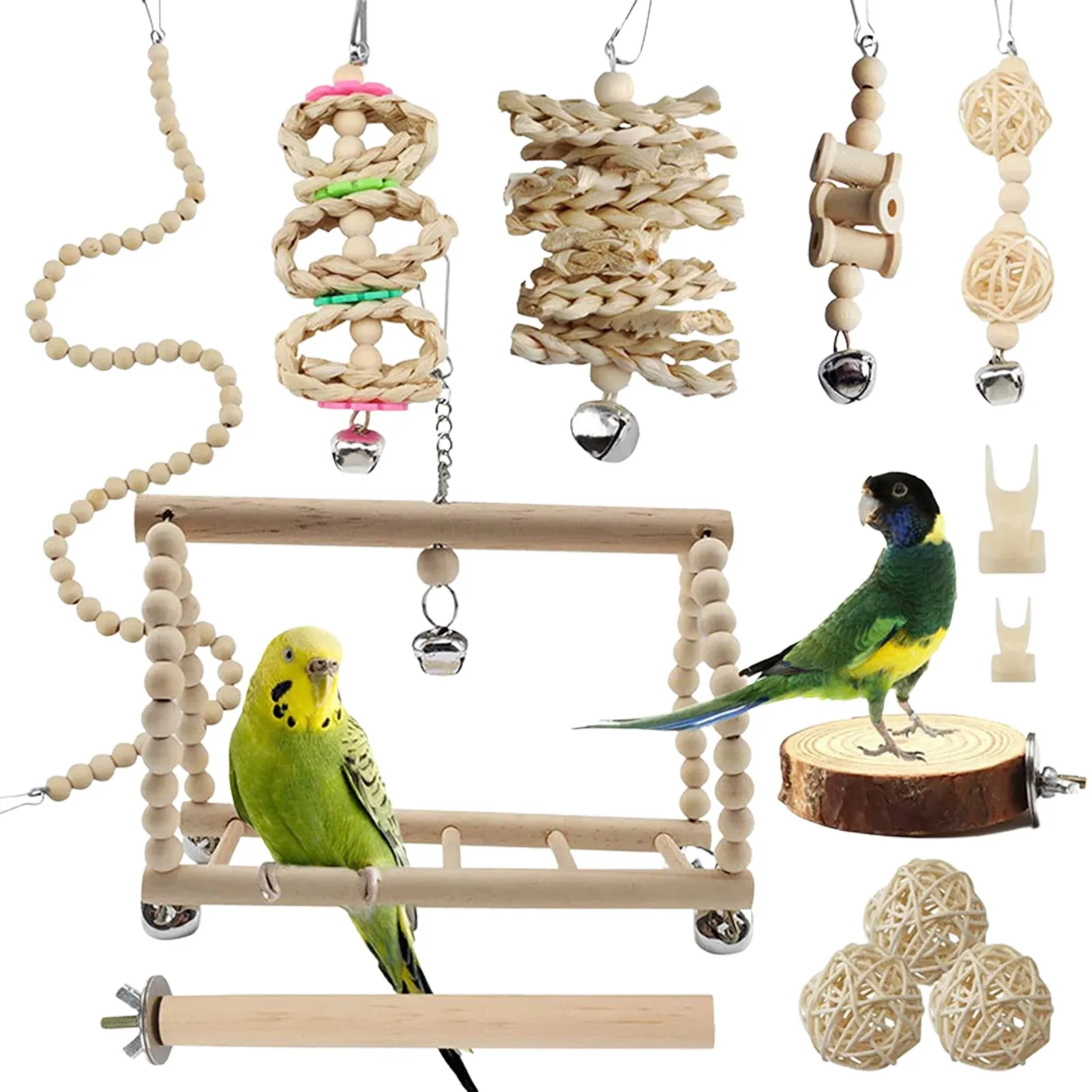 Toys 13 PCS / Set Bird Toys Pet Parrot Bird Standing Natural Wood Bird Cage Toys Perrot Swing Toys Toys for Budgies Birds Aiel