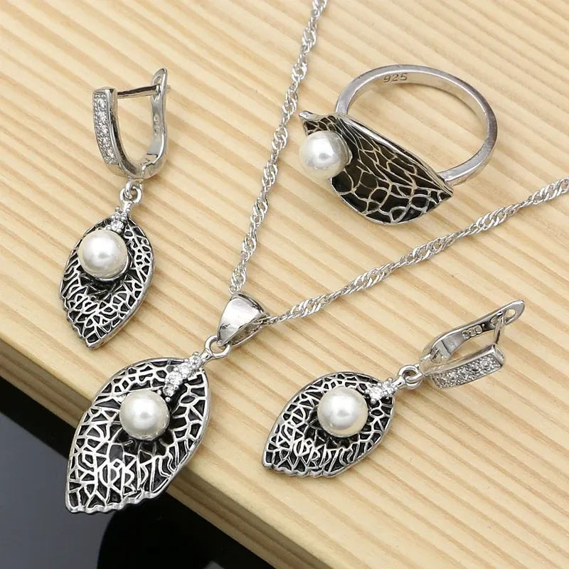 Sets Classic Negro Enamelo Pendientes Plata 925 Juegos de joyas de perlas de agua dulce para mujeres Joyas finas gotas de joyas hechas a mano