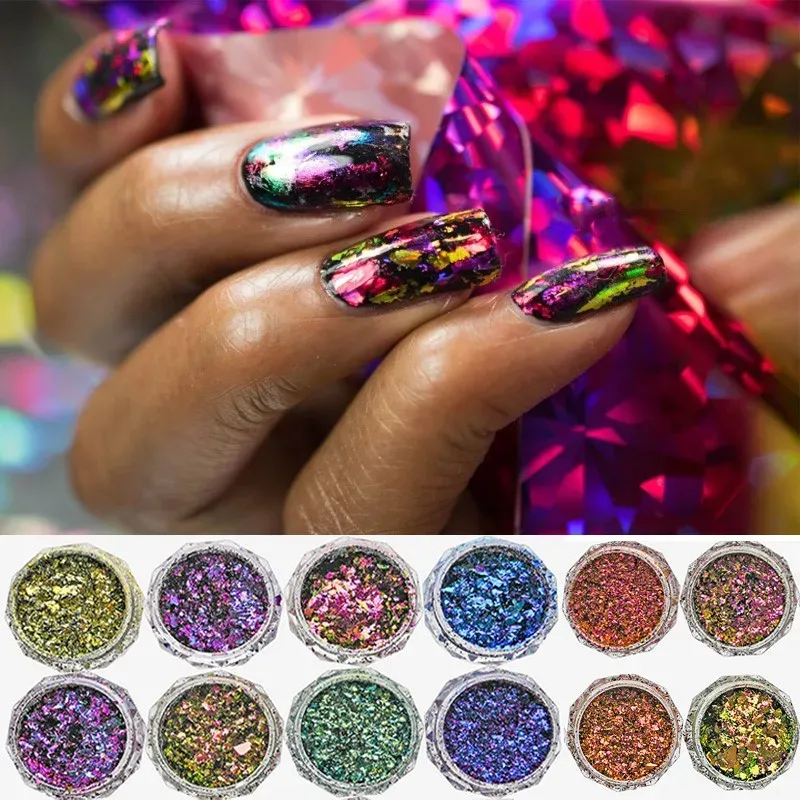 Glitter 12 potten/lot kameleon nagel vlokken onregelmatige uv gel polish nagel pailletten palliette chroom pigment glitter nagel art decoratie aft7