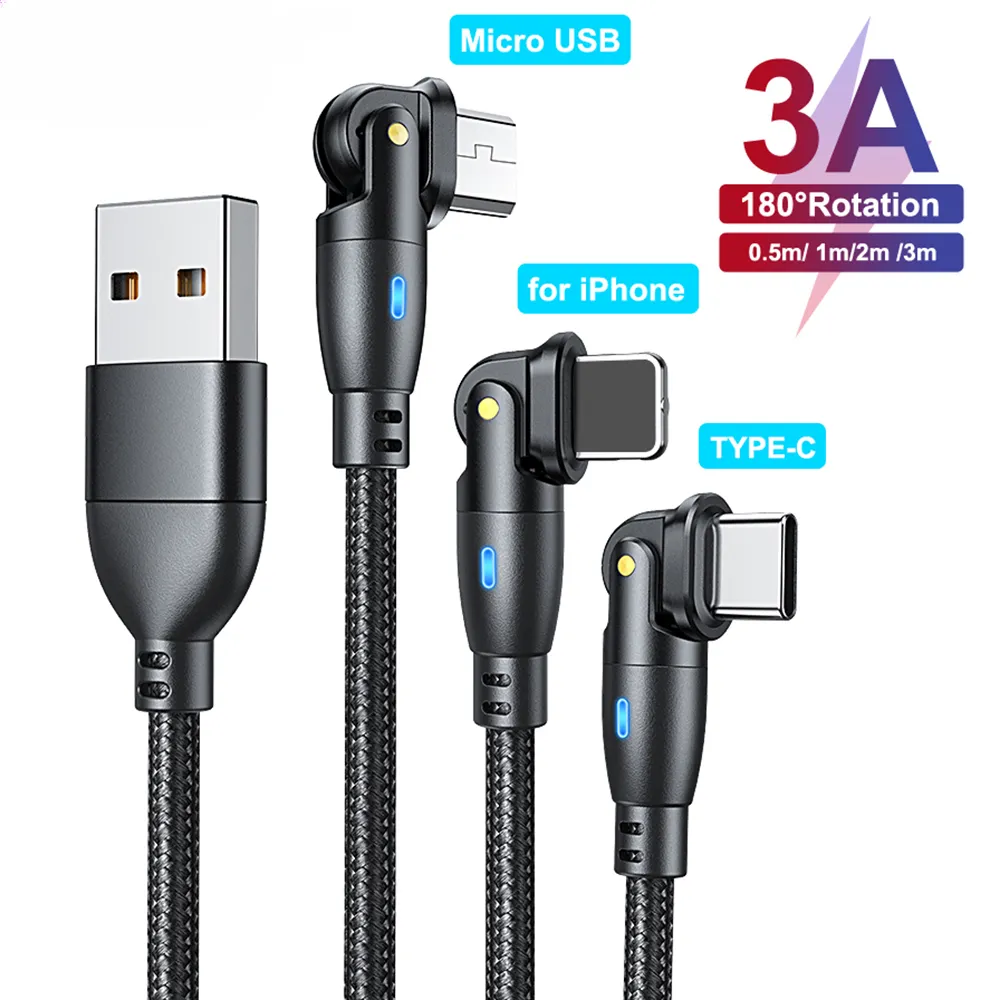 3A USB 유형 C/Micro Fast Charing Cable 180 iPhone 용 Braided Nylon Data Cord 회전 Samsung Xiaomi Poco 휴대 전화 충전기 USB 와이어 케이블 0.5M/1M/2M/3M