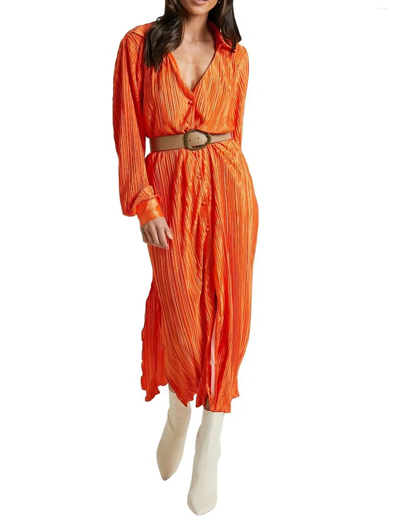 Casual jurken vrouwen lange mouw geplooide shirt jurk knop down v nek vaste kleur hoge split streetwear oranje medium