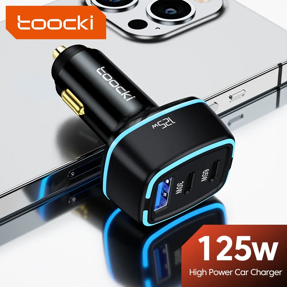 Chargers Toocki 130W Car Chargeur Super Charge USB Type C Adaptateur Téléphone pour l'iPhone Xiaomi Huawei MacBook iPad Pro ordinateur portable PD4.0