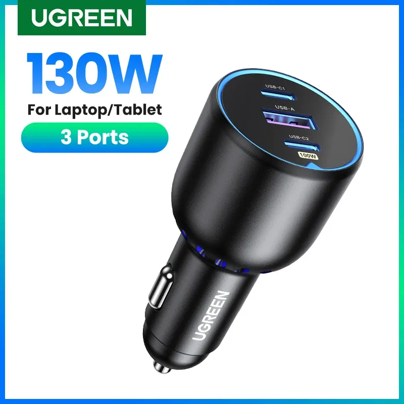 Chargers UGreen 130W USB C Charger de voiture rapide pour Xiaomi iPhone 15 Samsung Galaxy S24 Ordinateurs portables PD3.0 Chargeur USB Type C USB Fast