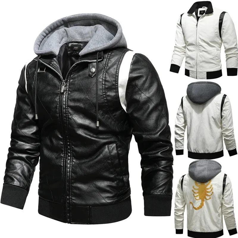 Autumn Winter Bomber Leather Jacket Men Scorpion broderi Huvjacka PU Läder Motorcykel Mens Ryan Gosling Drive Jacket 240419