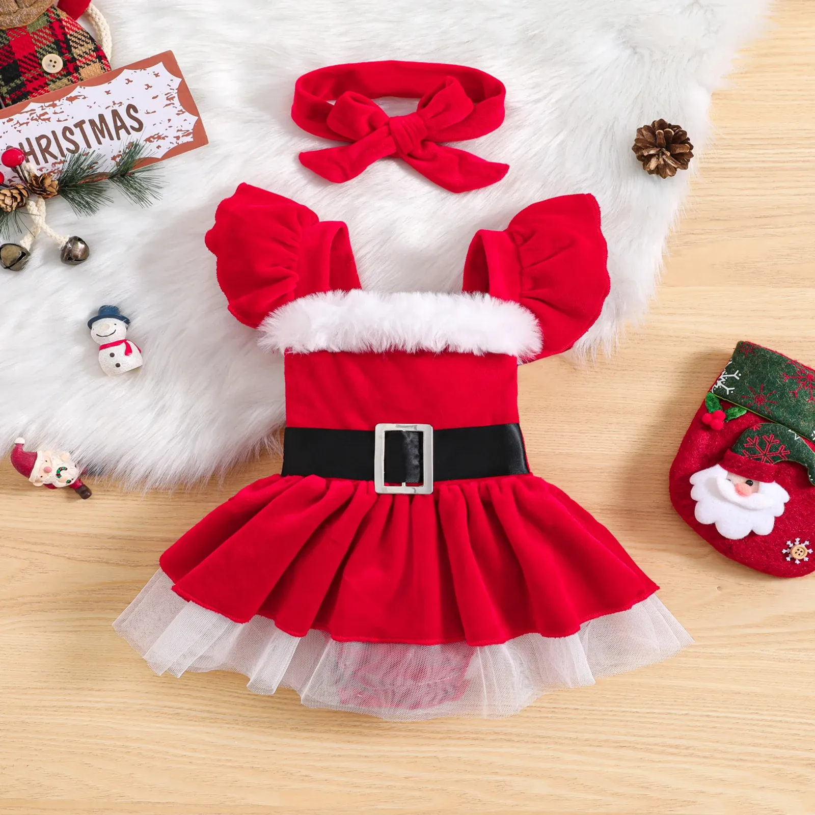 One-Pieces Christmas Toddler Baby Girls Velvet Fur Trim Romper Dress + Hairband Set Xmas Costumes Princess Lovely Jumpsuits Clothes