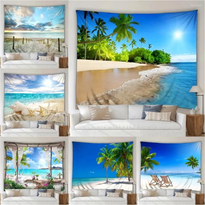 Tapissries Seaside Beach Landscape Tapestry Outdoor Ocean Waves Tropical Palm Trees Summer Scenery Home Garden Wall Hanging Art Deco Mural