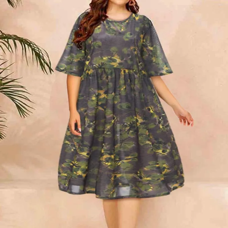 Casual Dresses Plus Size Summer Dress Women 2024 Short Sleeve Loose Long Maxi Printed Ice Silk Cool Women's